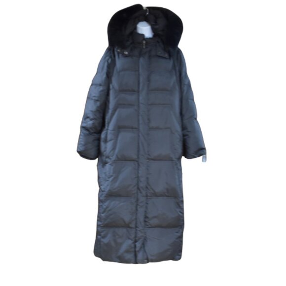 Portrait Long Black Puffer Coat Women’s Size Large Hooded with Fox Fur Trim - Picture 1 of 15